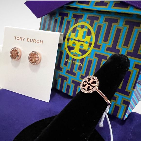Tory Burch Jewelry - NWT Tory Burch Miller Pavé Delicate Ring & Earring Set Rose Gold $176